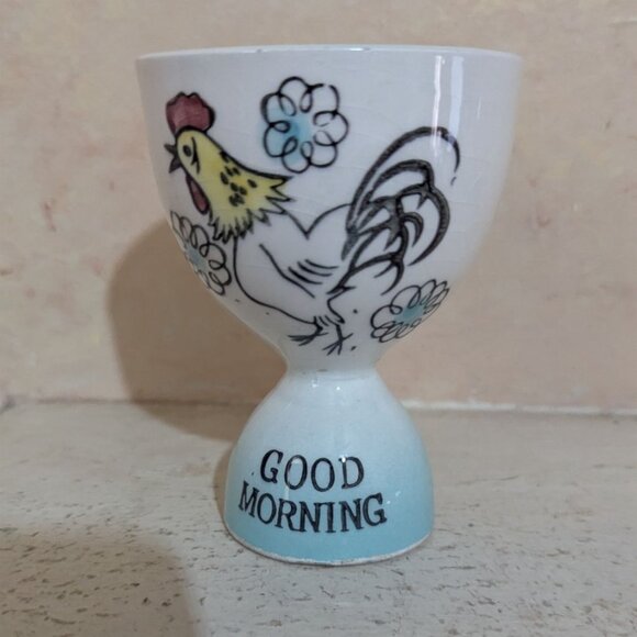 vintage Good Morning Rooster Ceramic Egg Cup White Blue 3.5 Farmhouse Kitsch - Picture 5 of 7